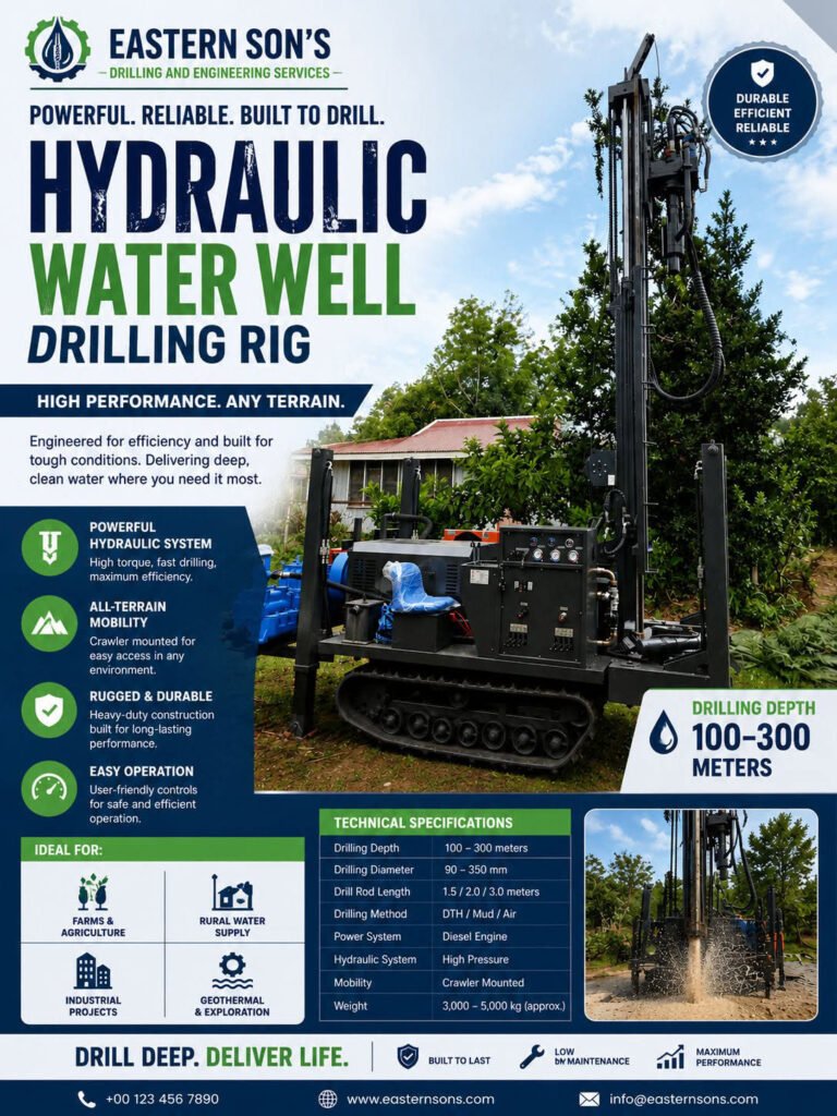Hydraulic water well drilling rig, 100 to 300 metres